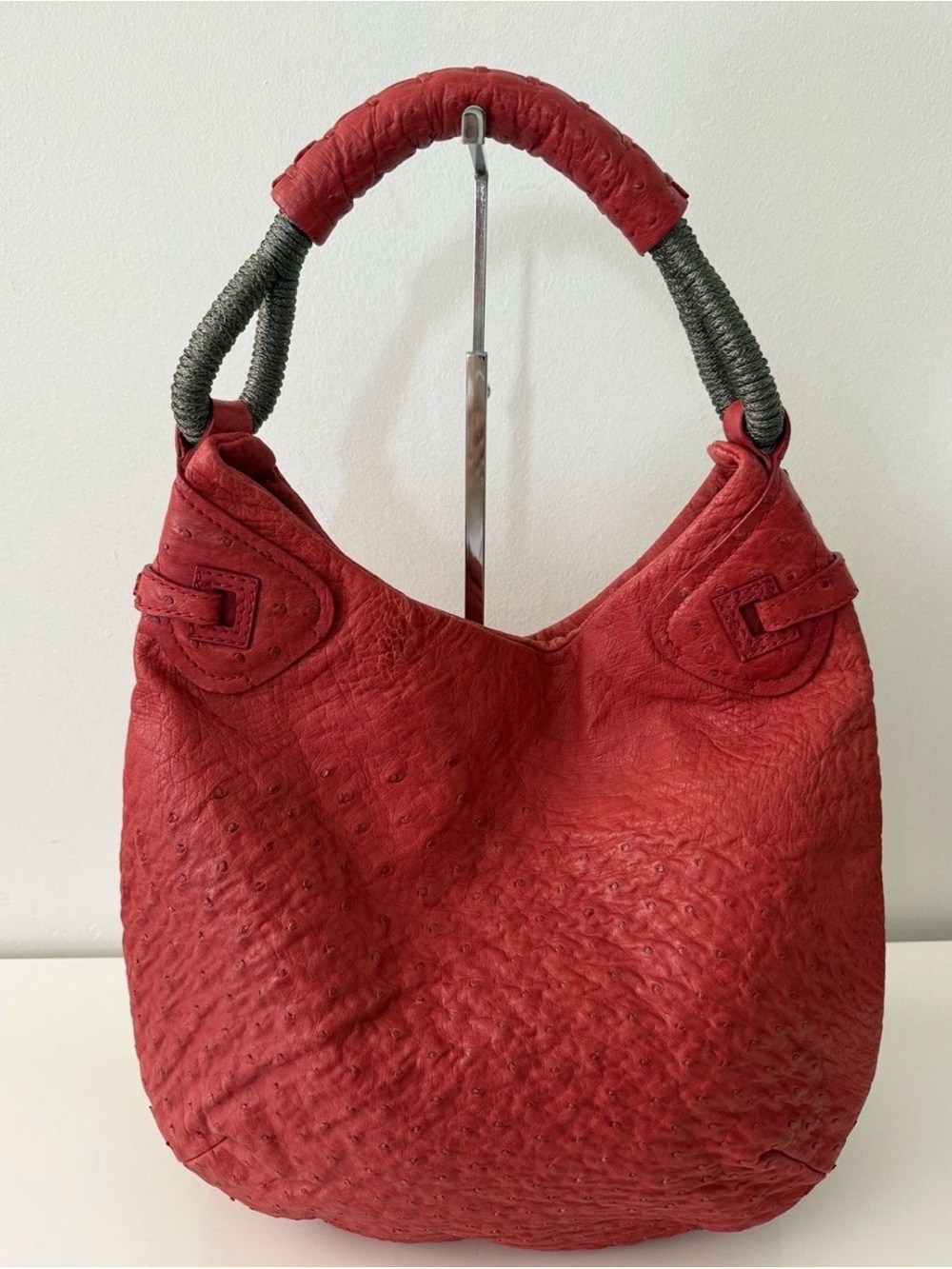 NUTI Genuine Ostrich Small Hobo Shoulder Bag Handbag, Red